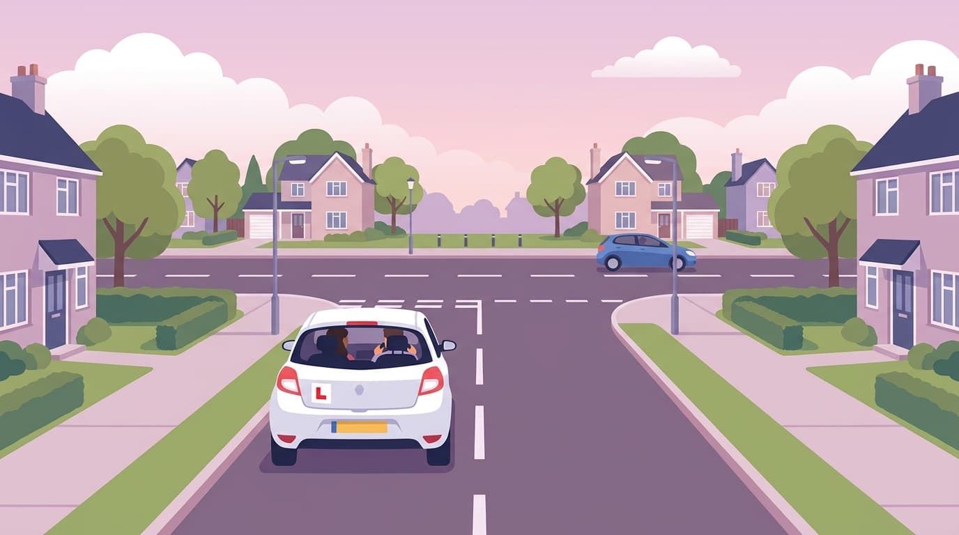 A learner car with a driver and passenger waiting at the give-way lines of a T-junction on a quiet residential street
