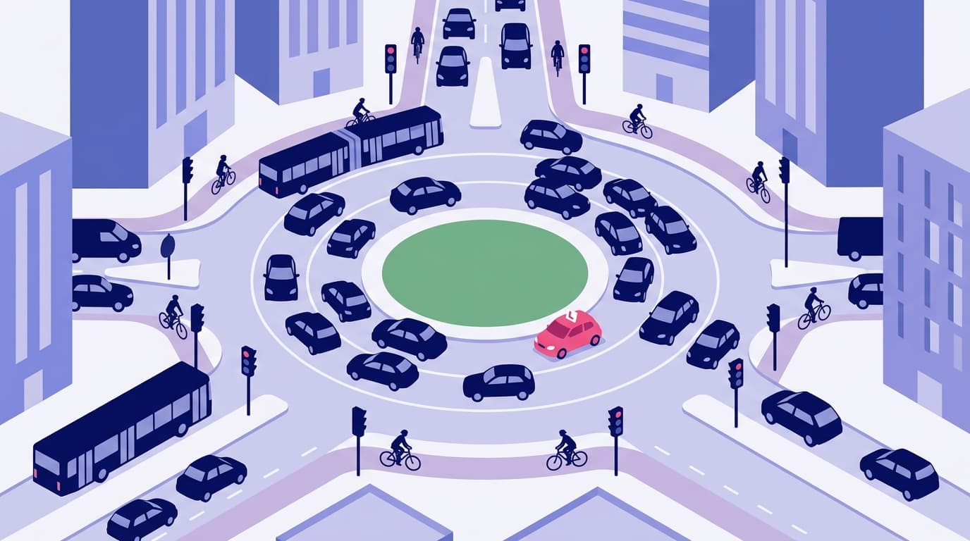 A busy city roundabout with buses, cyclists and traffic lights, and one learner car in the middle of the traffic